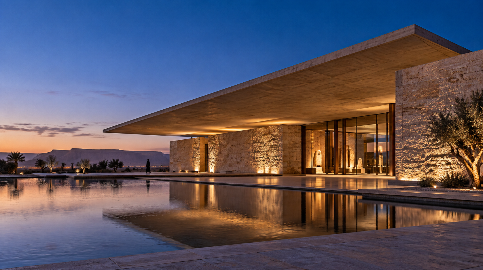 Contemporary desert pavilion at twilight