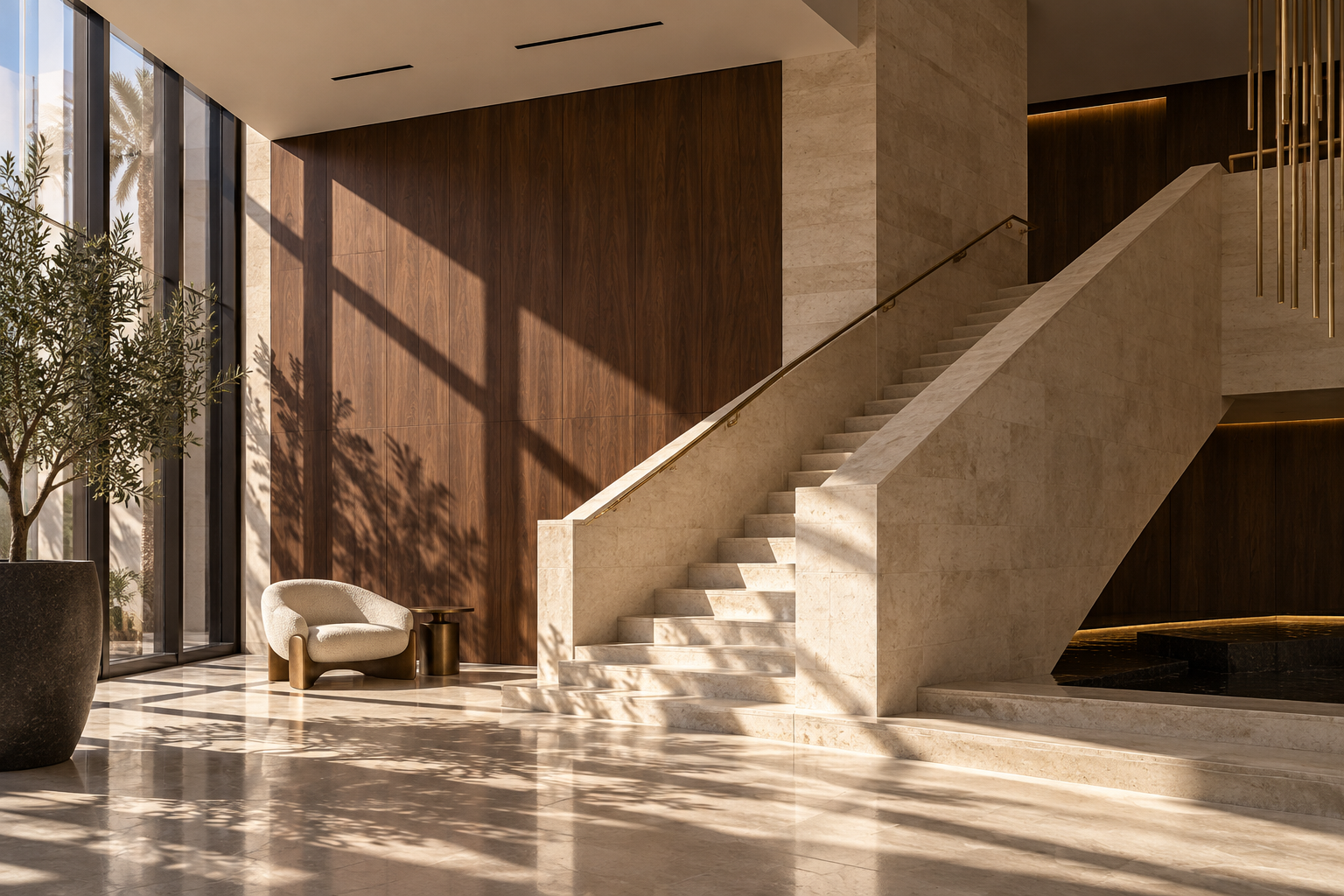 Warm hospitality interior with limestone and walnut