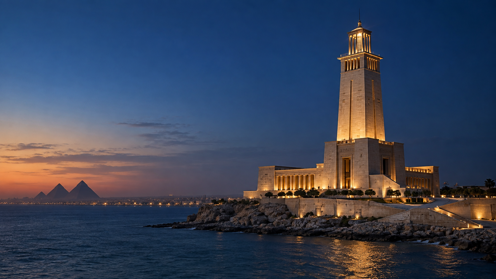 A cinematic architectural vision connecting the Pharos of Alexandria and the Pyramids