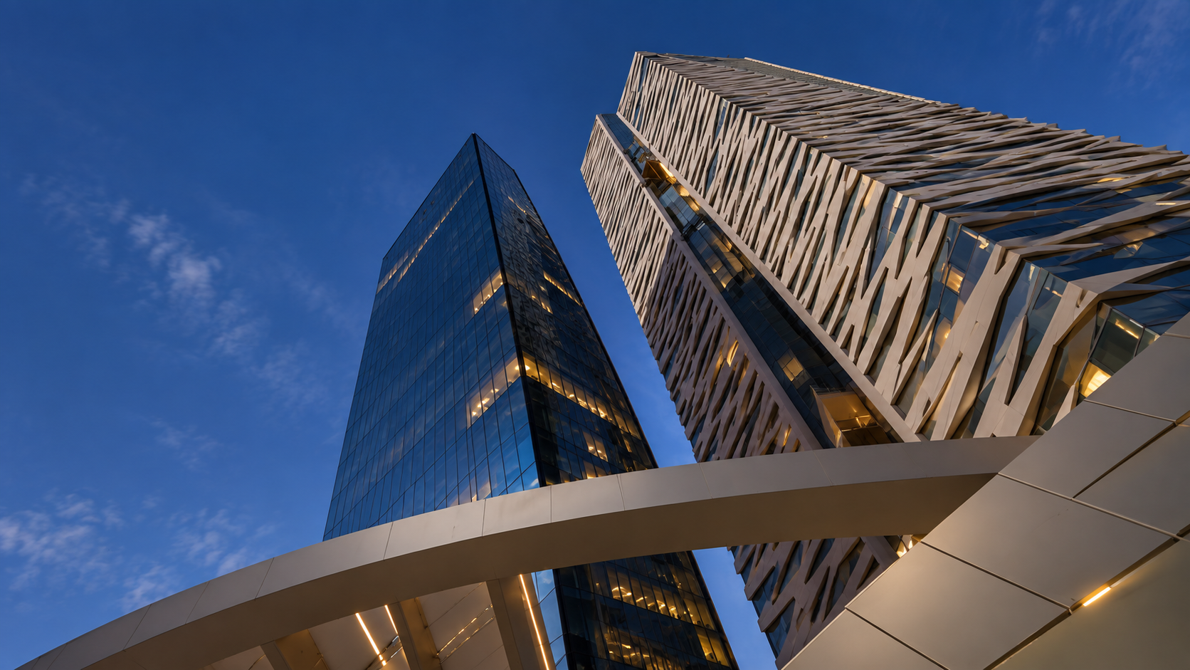 Contemporary towers photographed from a dramatic low angle